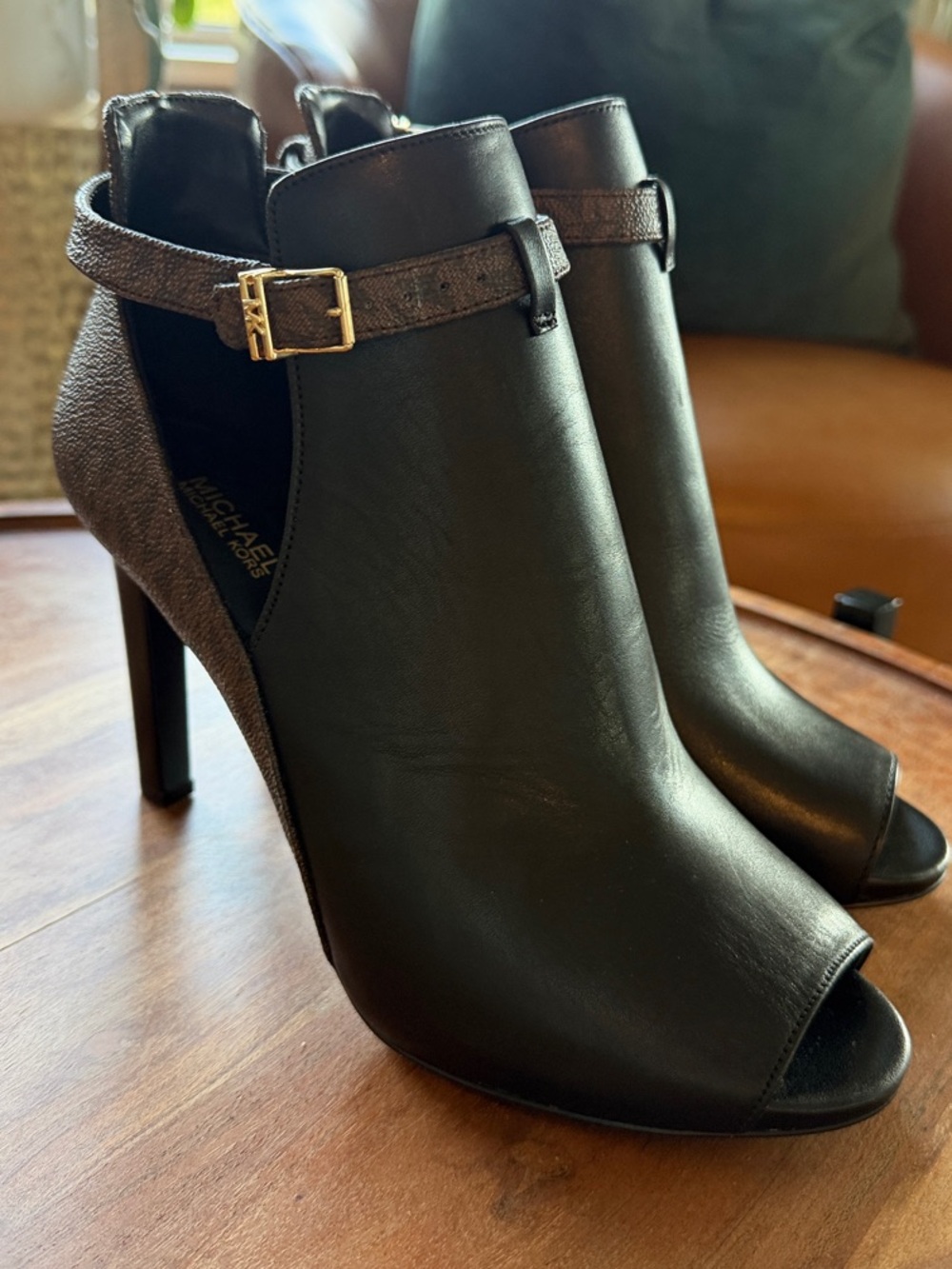 Michael Kors Black Leather Lawson Peep-Toe Ankle Booties w/monogram